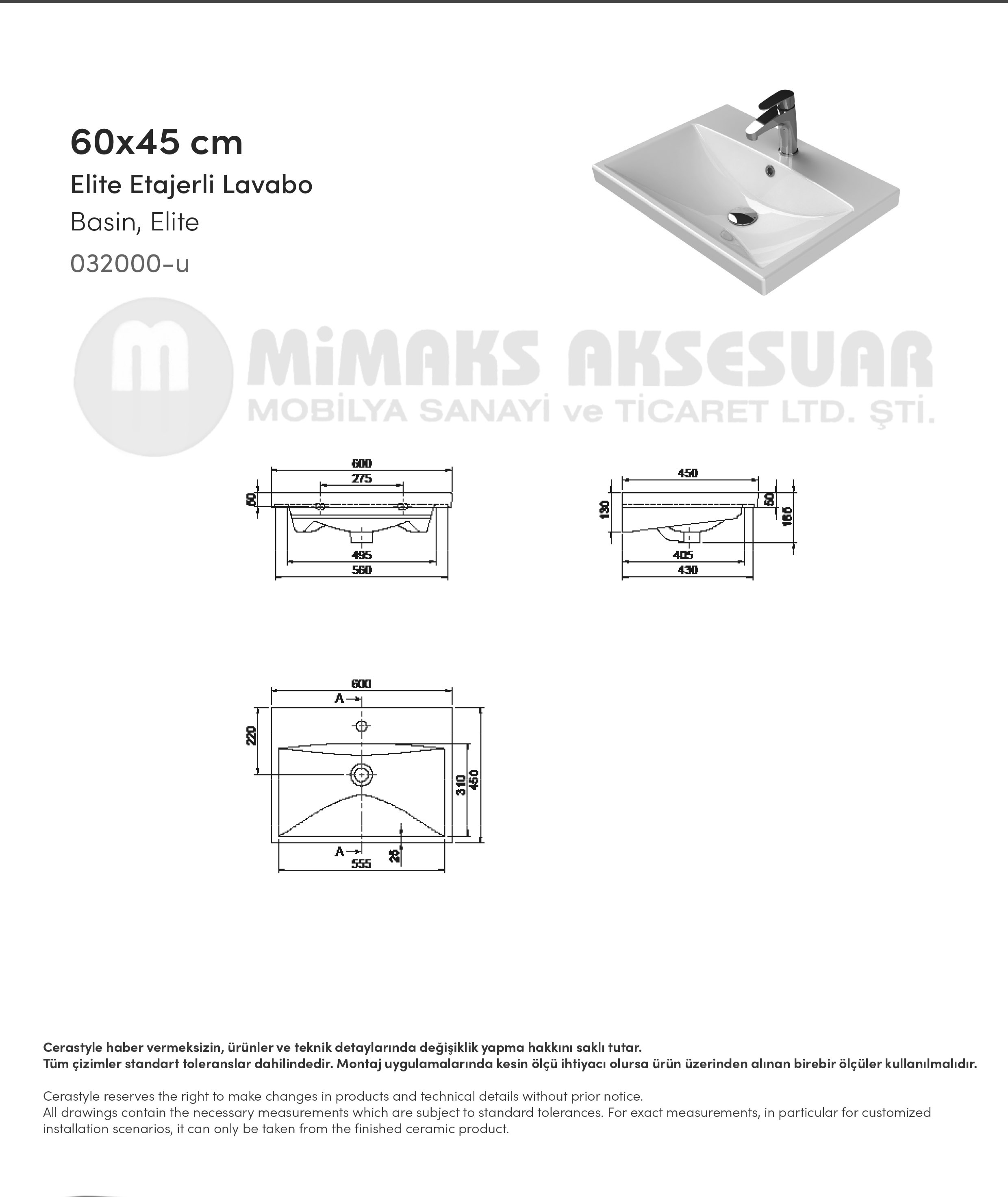 Cerastyle Turkuaz Elite Etajerli Lavabo 60x45