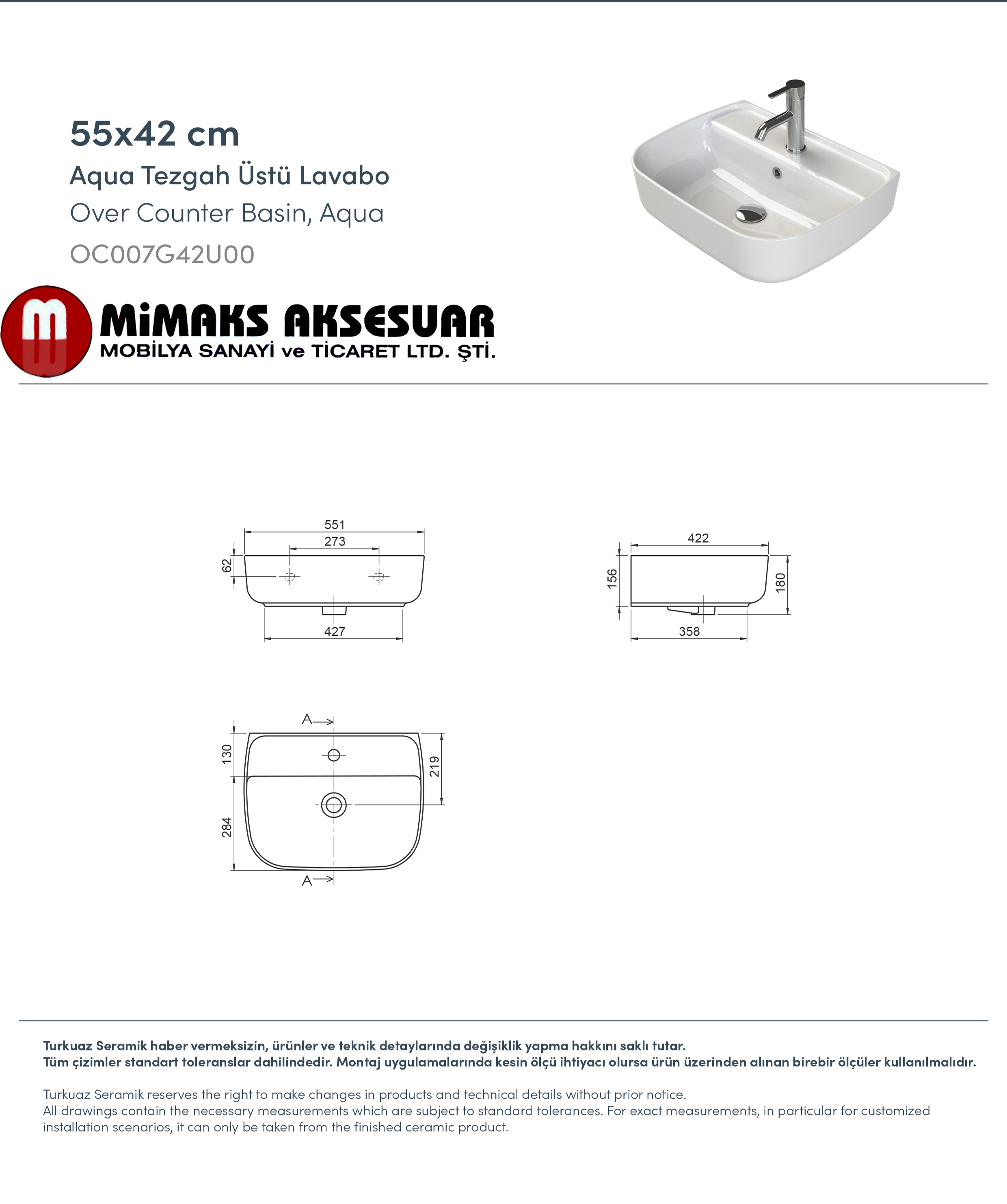 Cerastyle Turkuaz Aqua Tezgah Üstü Lavabo (Duvara Sıfır) 55x42