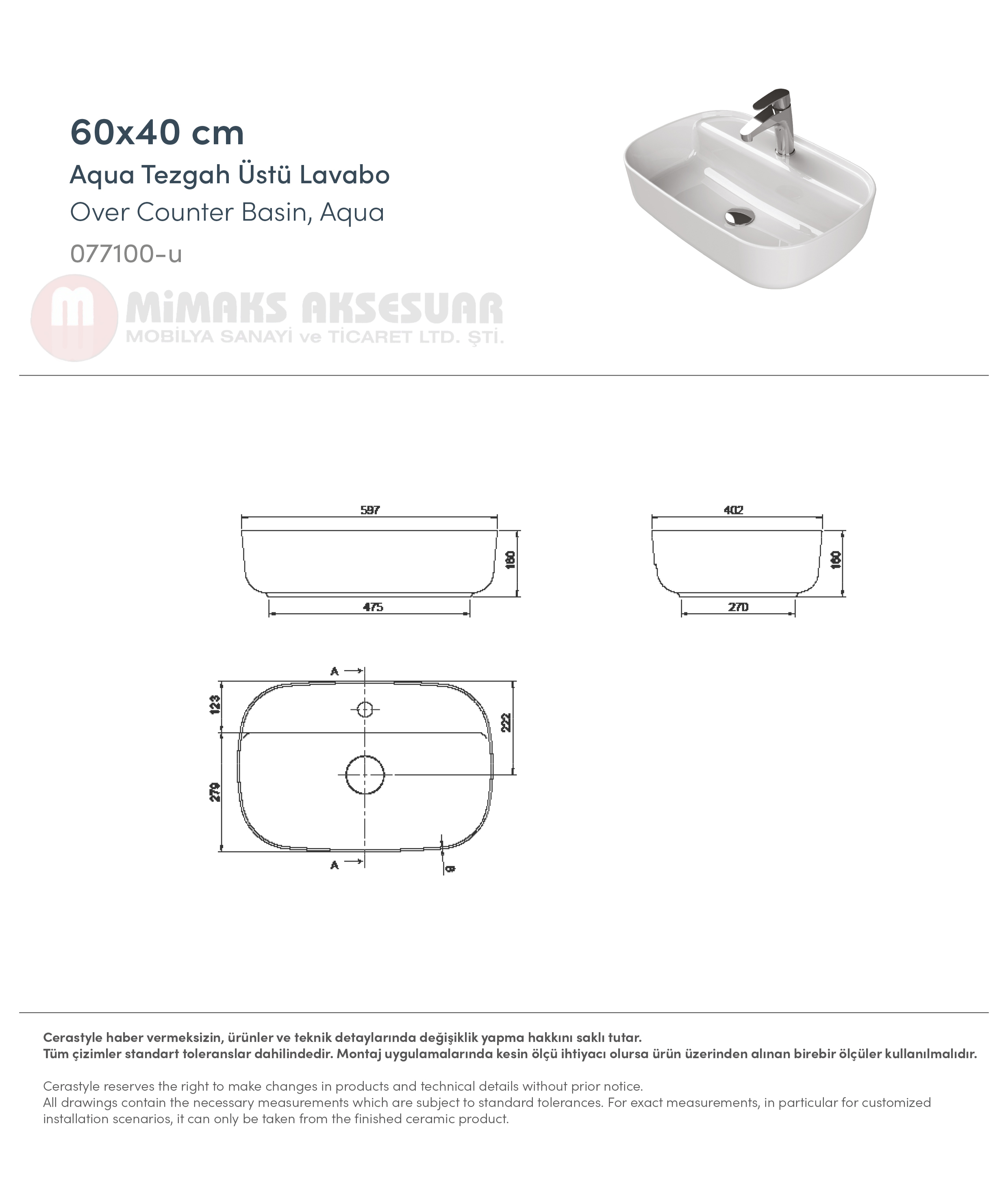 Cerastyle Turkuaz Aqua Tezgah Üstü Lavabo 60x40