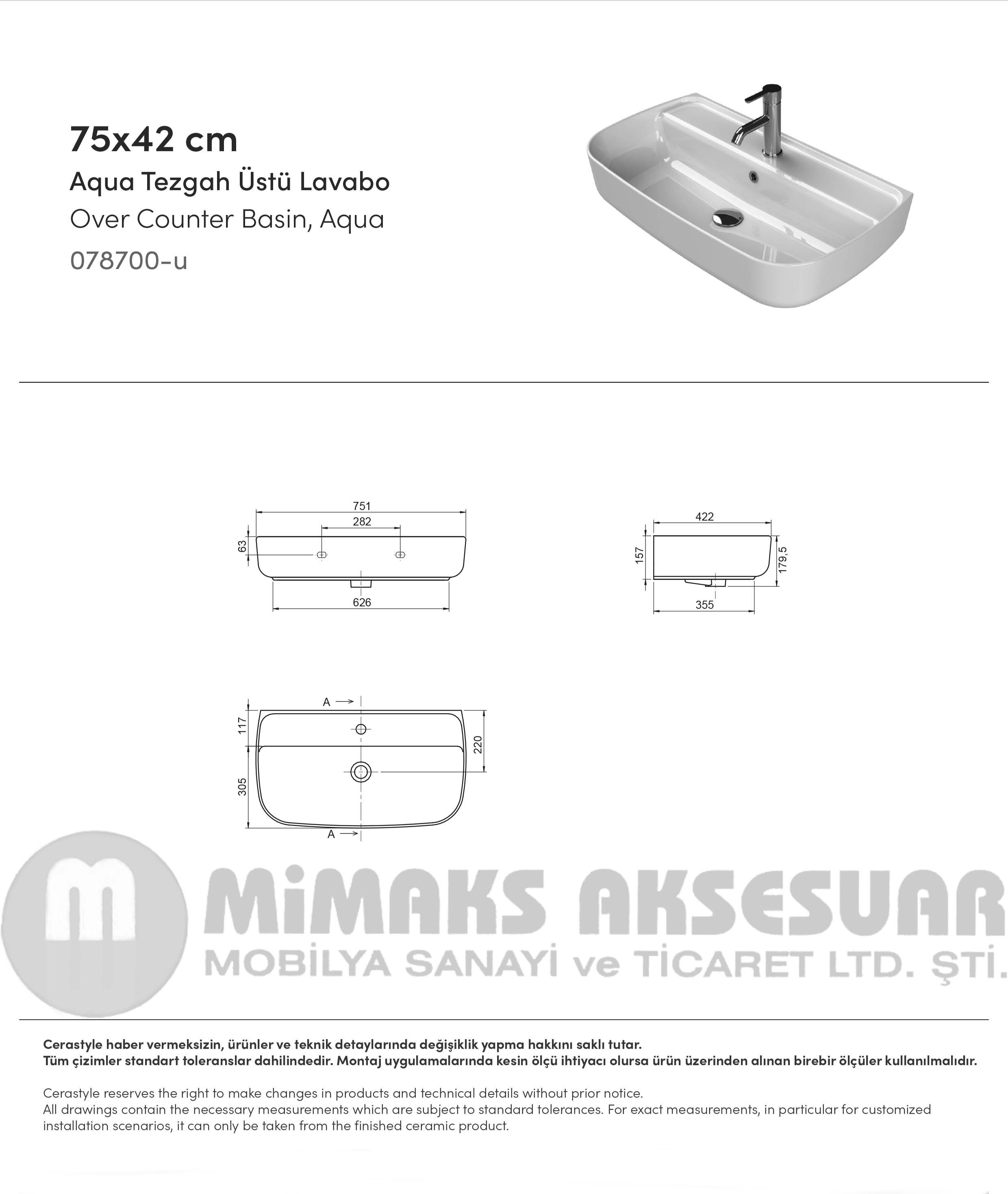 Cerastyle Turkuaz Aqua Tezgah Üstü Lavabo (Duvara Sıfır) 75x42