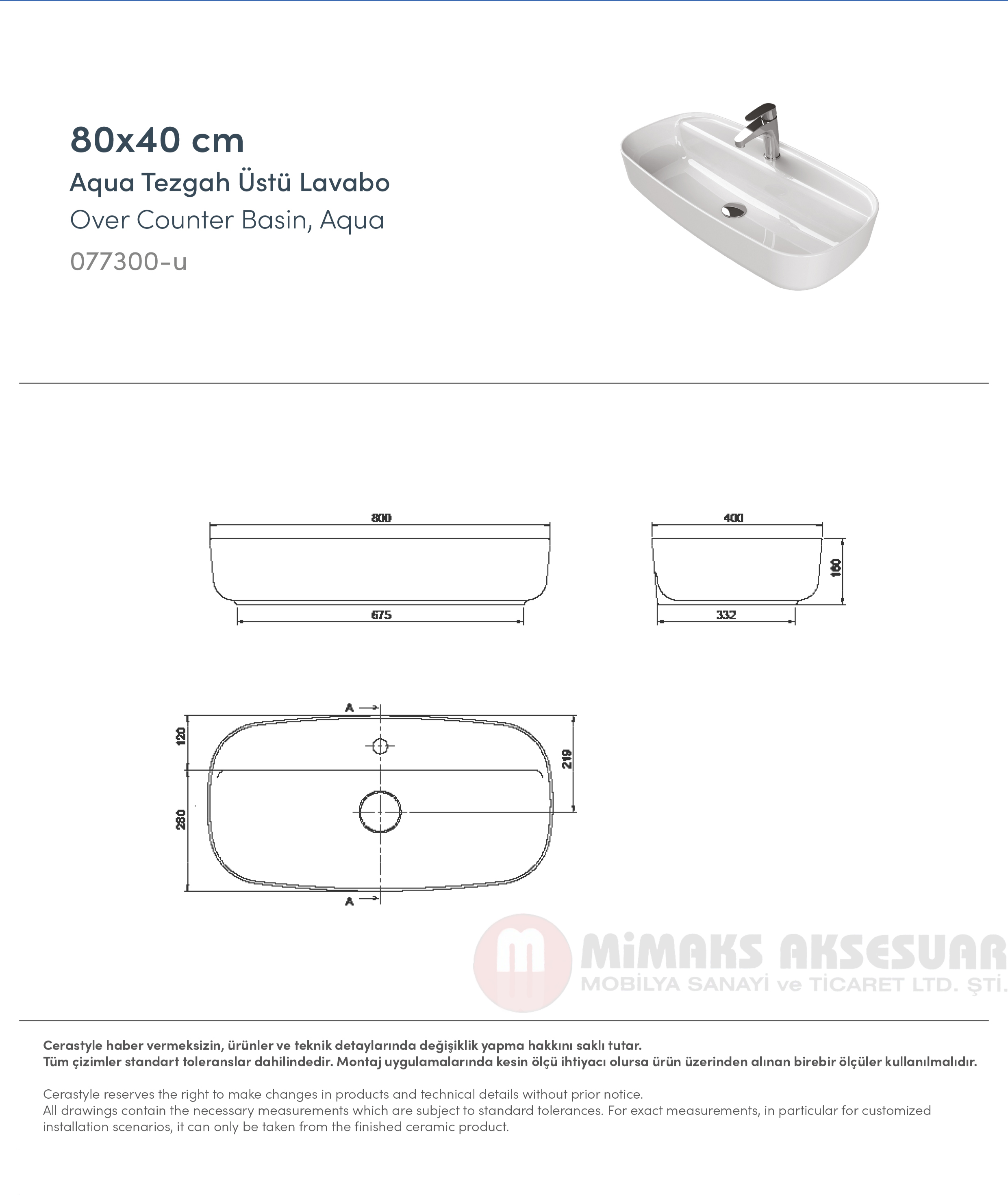 Cerastyle Turkuaz Aqua Tezgah Üstü Lavabo 80x40