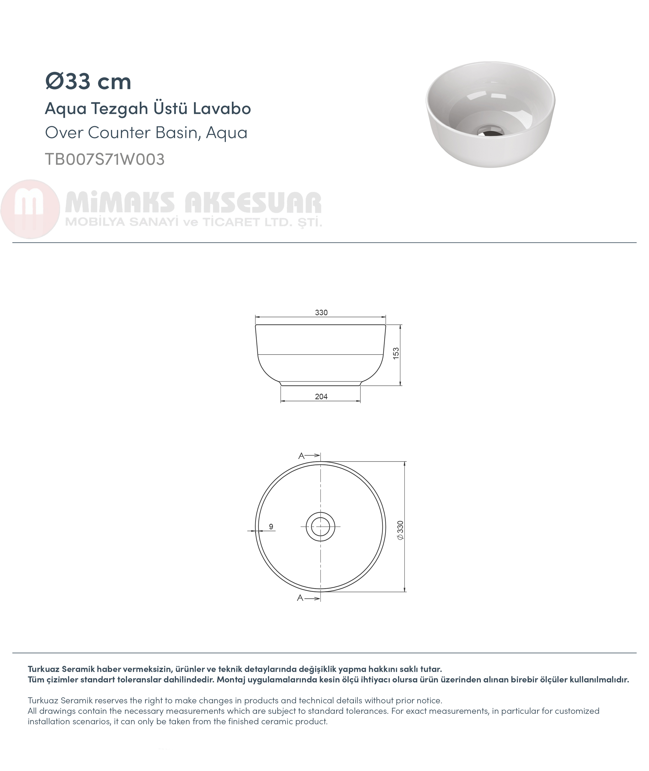 Cerastyle Turkuaz aqua Tezgah Üstü Lavabo (musluksuz) Çap 33cm