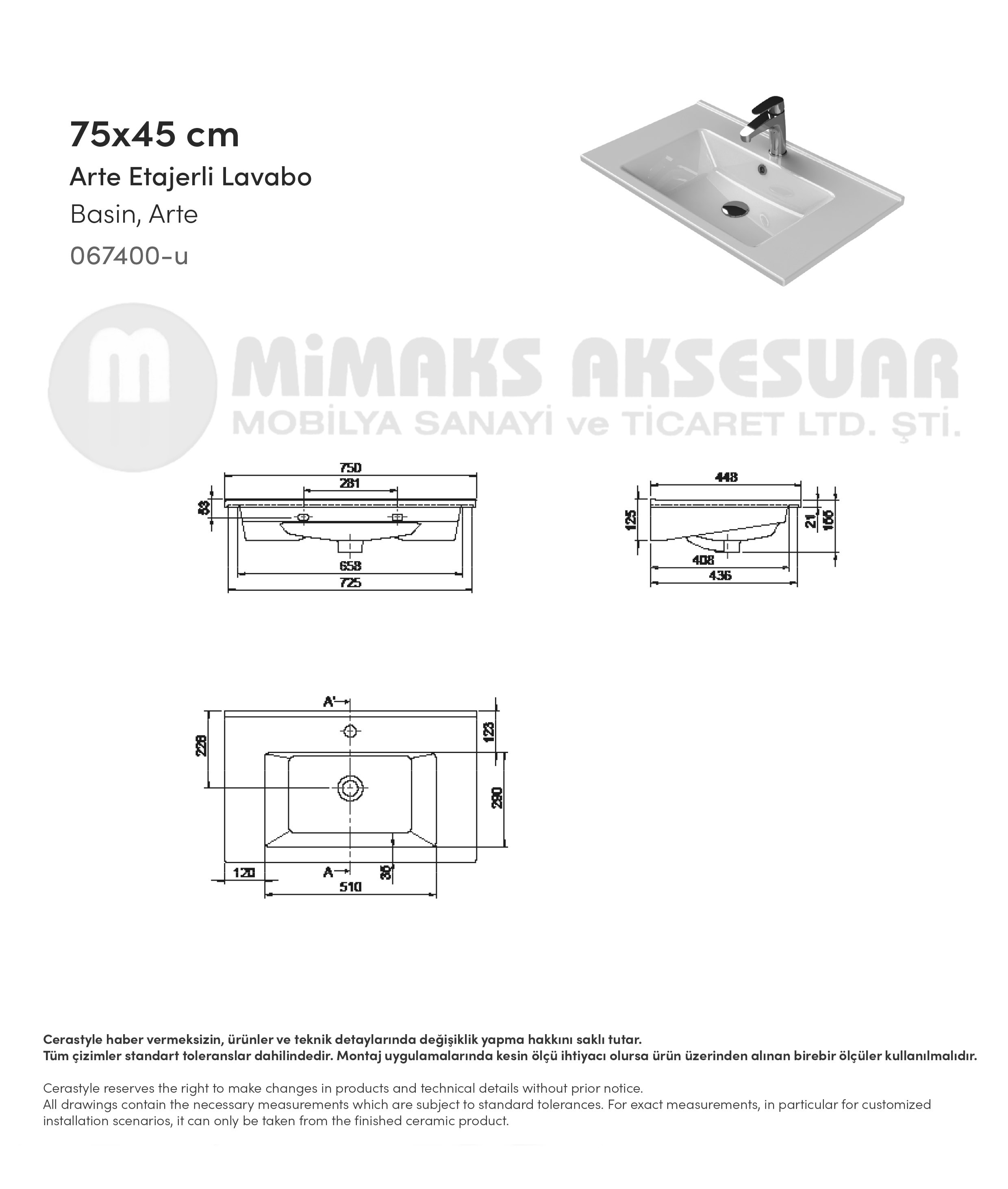 Cerastyle Turkuaz Arte Etajerli Lavabo 75x45