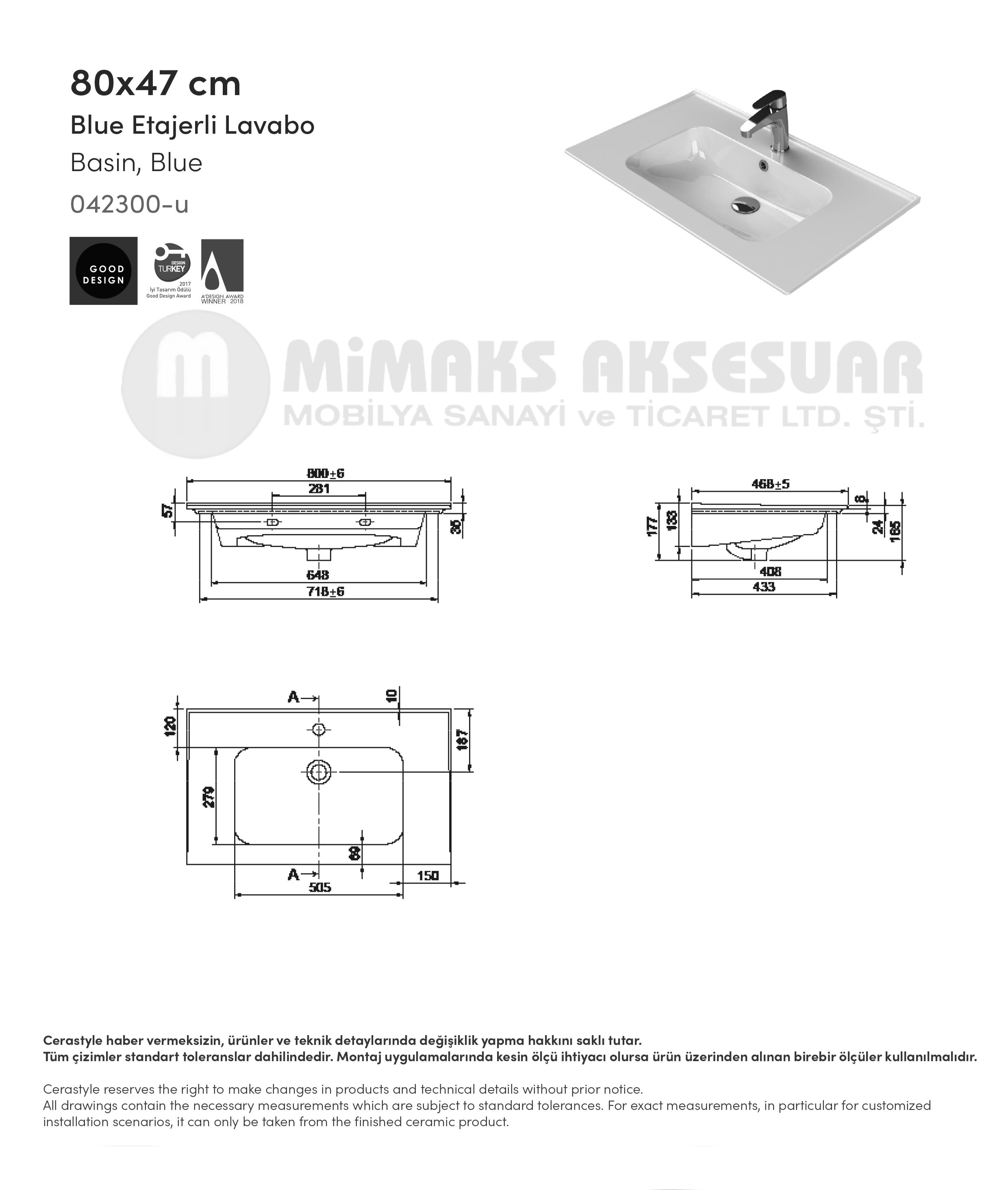 Cerastyle Turkuaz Blue Etajerli Lavabo 80x47