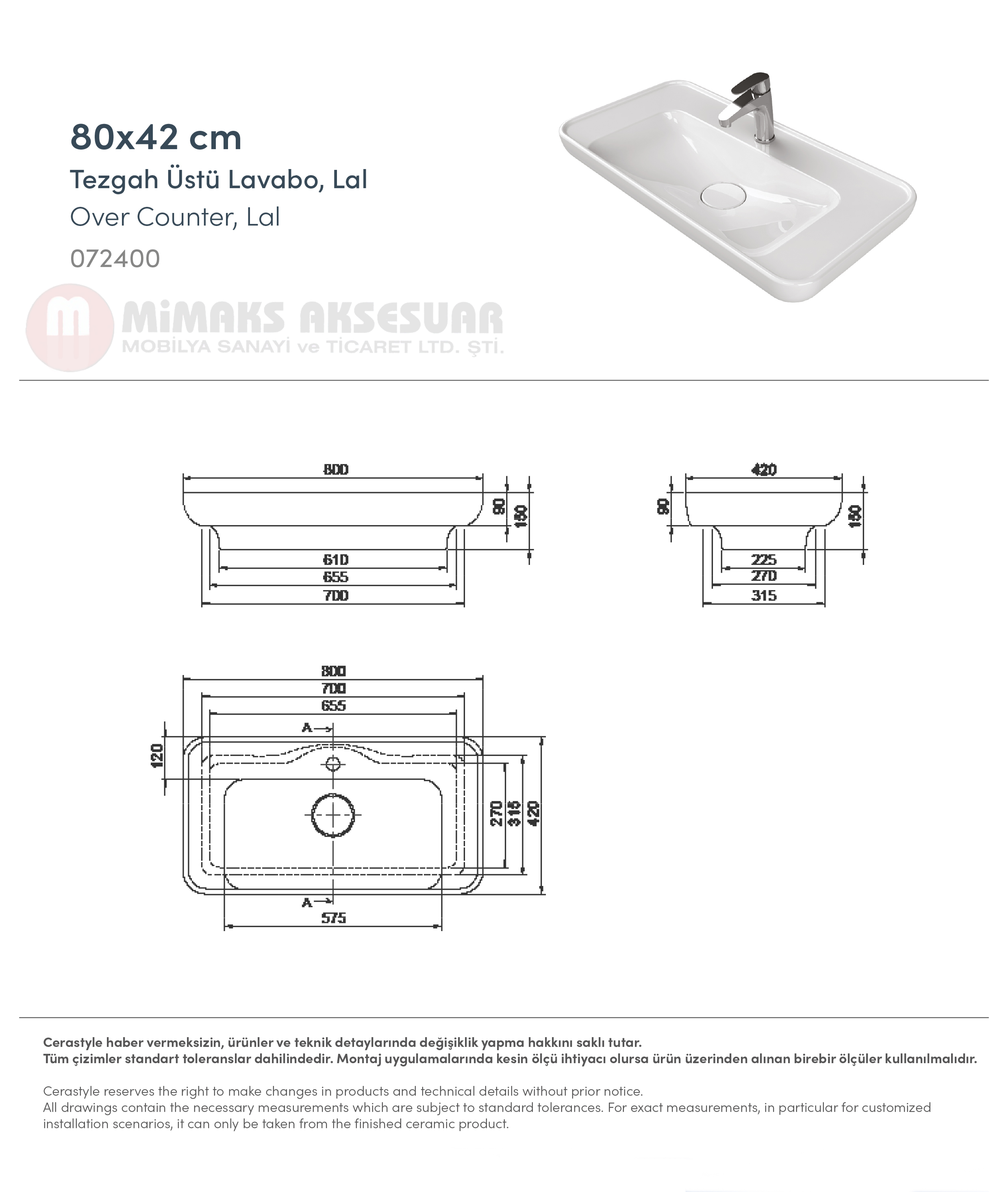 Cerastyle Turkuaz Lal Tezgah Üstü Lavabo Batarya Delikli 80x42cm