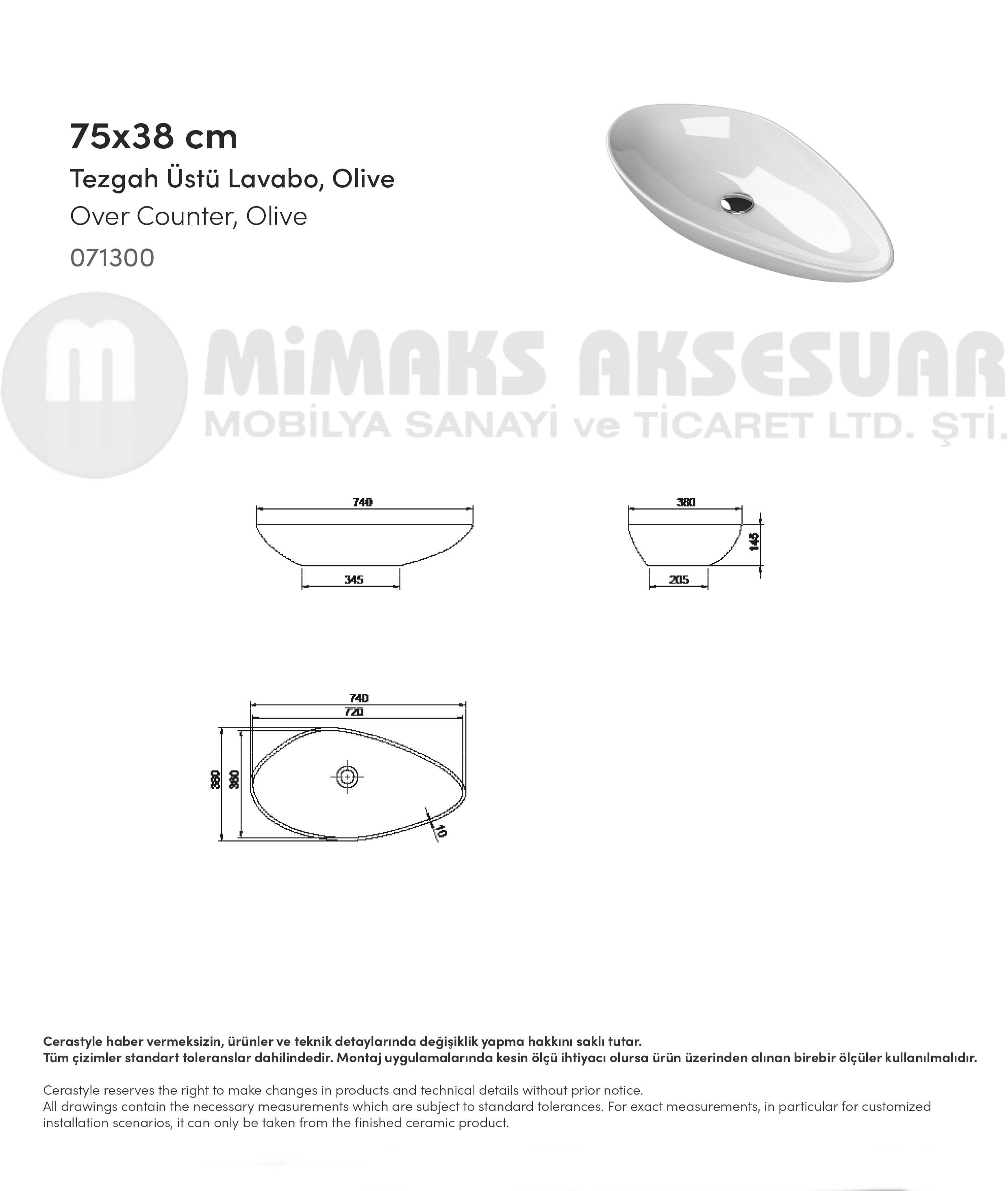 Cerastyle Turkuaz Olive Tezgah Üstü Lavabo Bataryasız (Musluksuz) 75x38