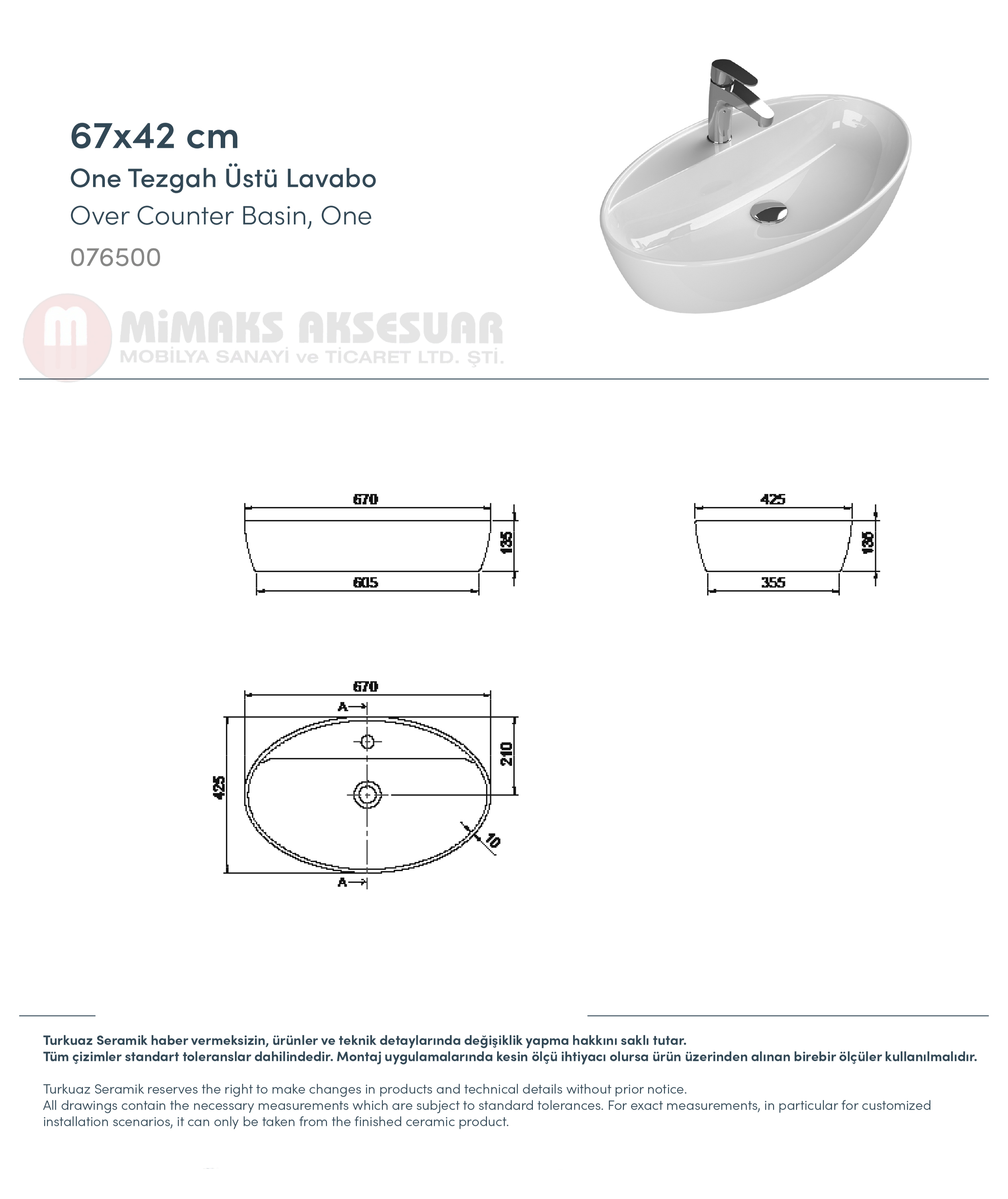 Cerastyle Turkuaz One Tezgah Üstü Lavabo Batarya Delikli 67x42cm