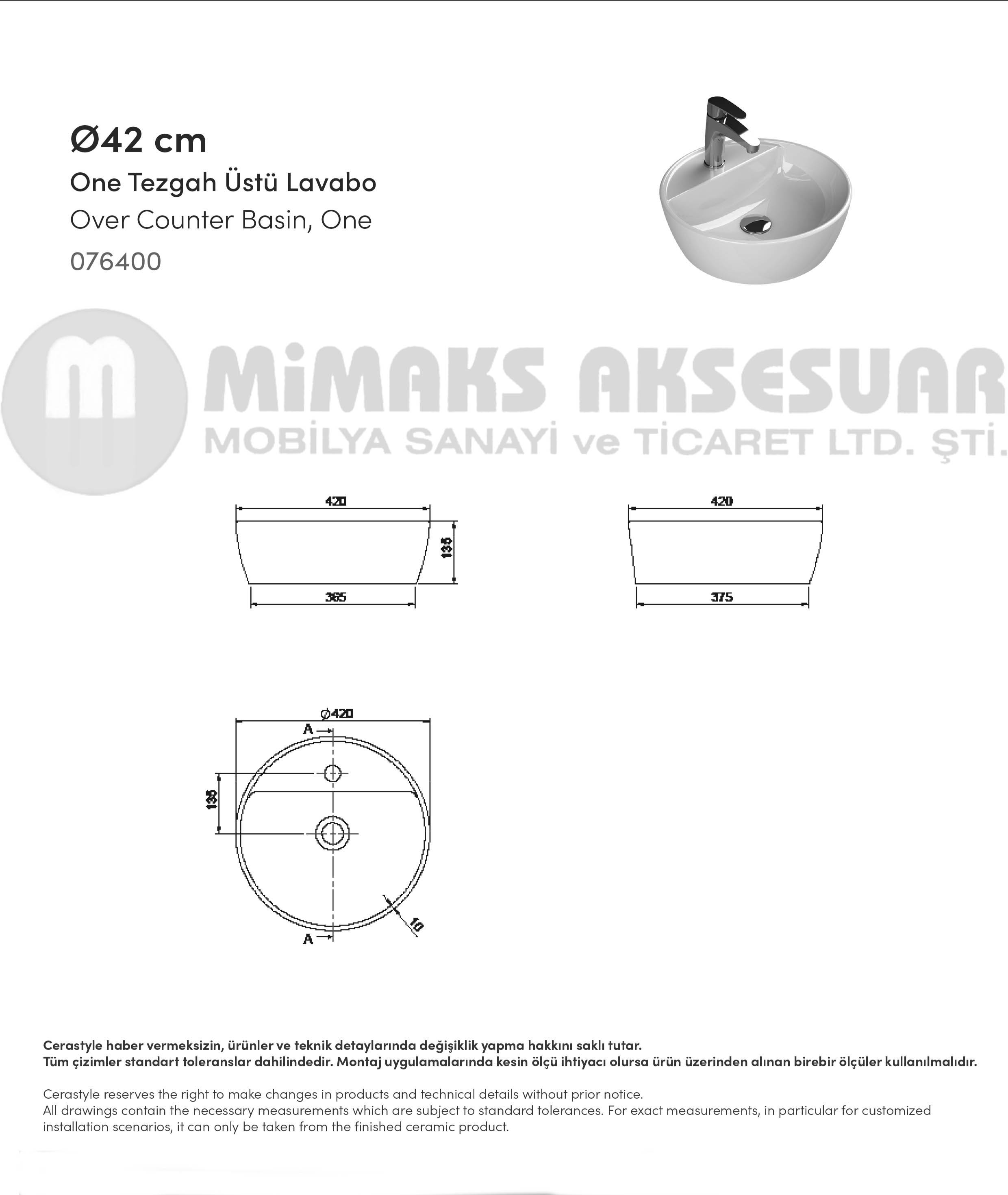 Cerastyle Turkuaz One Tezgah Üstü Lavabo (Batarya Delikli) Çap 42cm