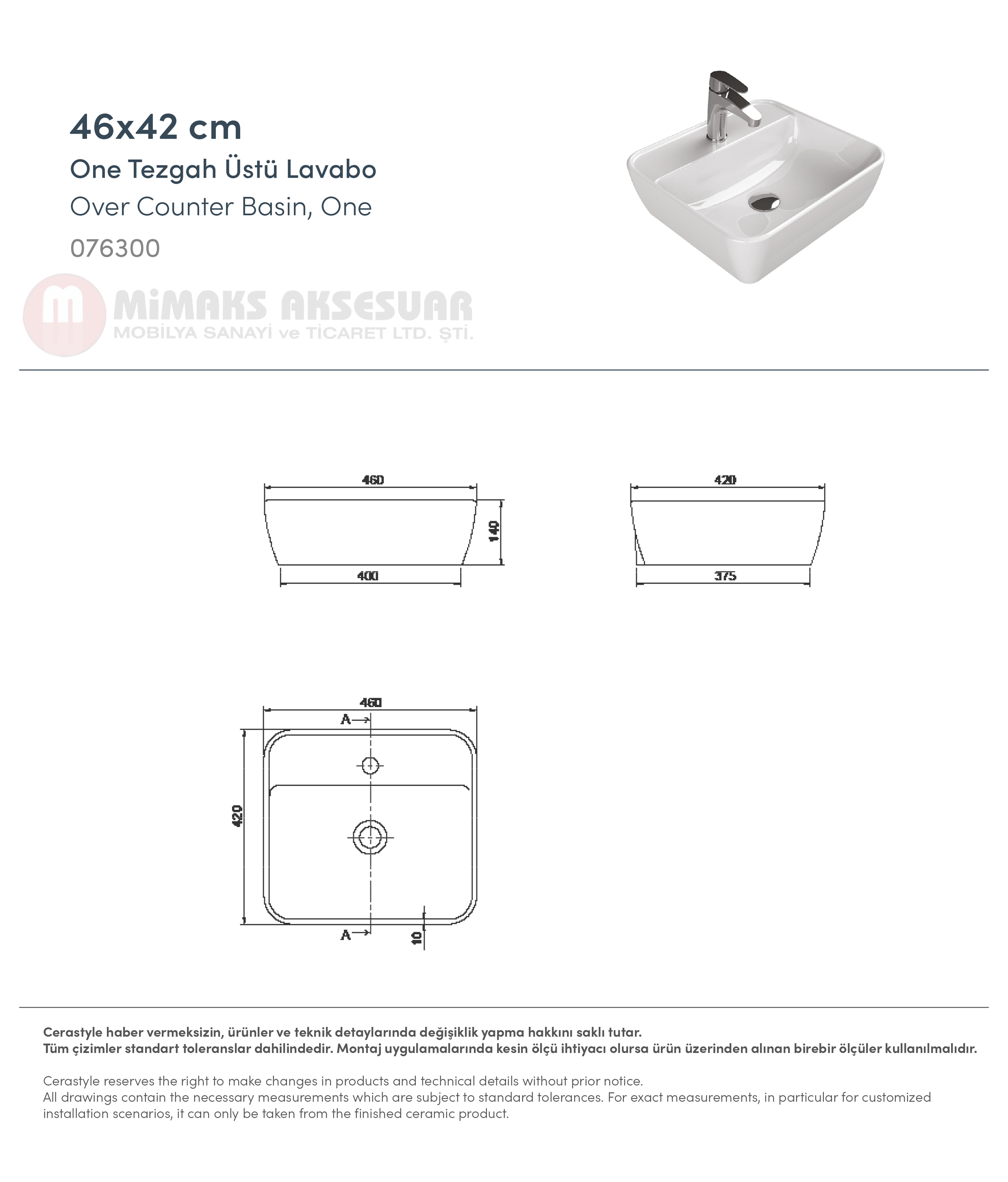 Cerastyle Turkuaz One Tezgah Üstü Lavabo 46x42