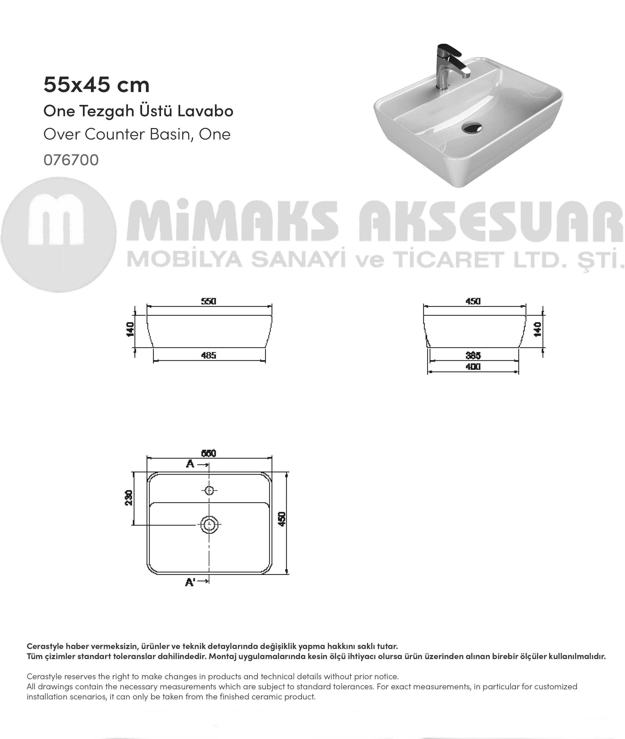 Cerastyle Turkuaz One Tezgah Üstü Lavabo 55x45