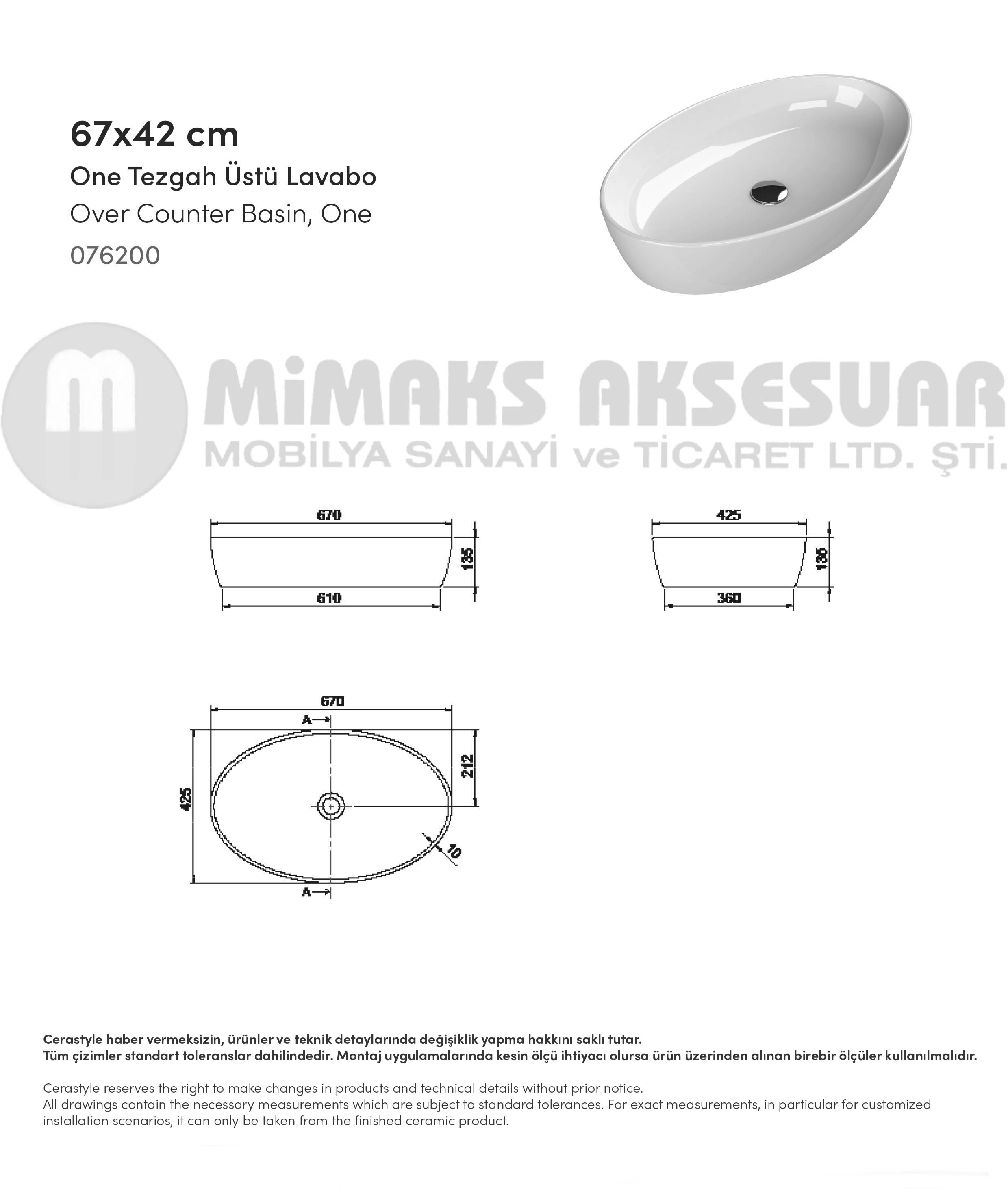 Cerastyle Turkuaz One Tezgah Üstü Lavabo (Musluksuz) 67x42cm