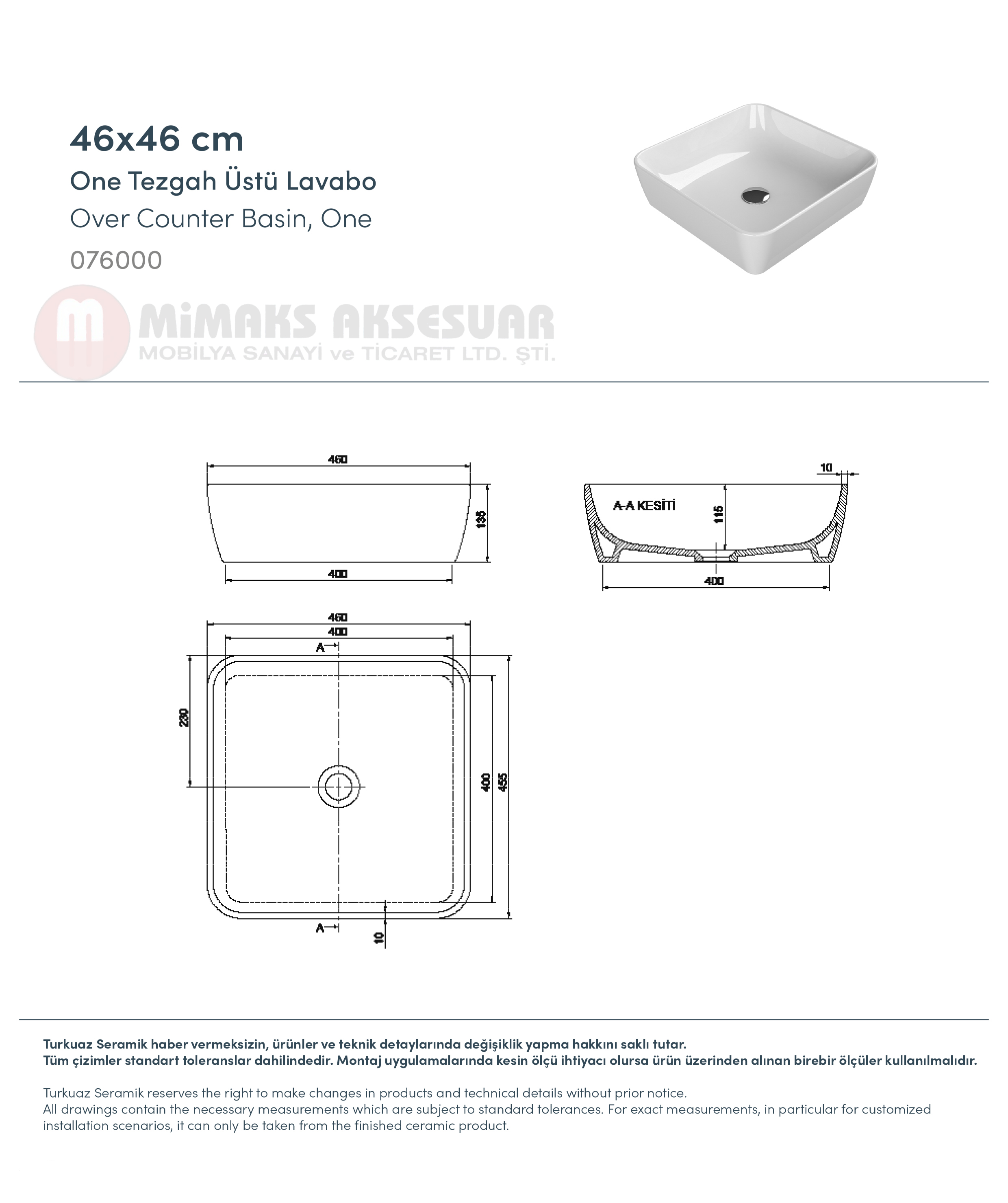 Cerastyle Turkuaz One Tezgah Üstü Lavabo (Musluksuz) 46x46cm