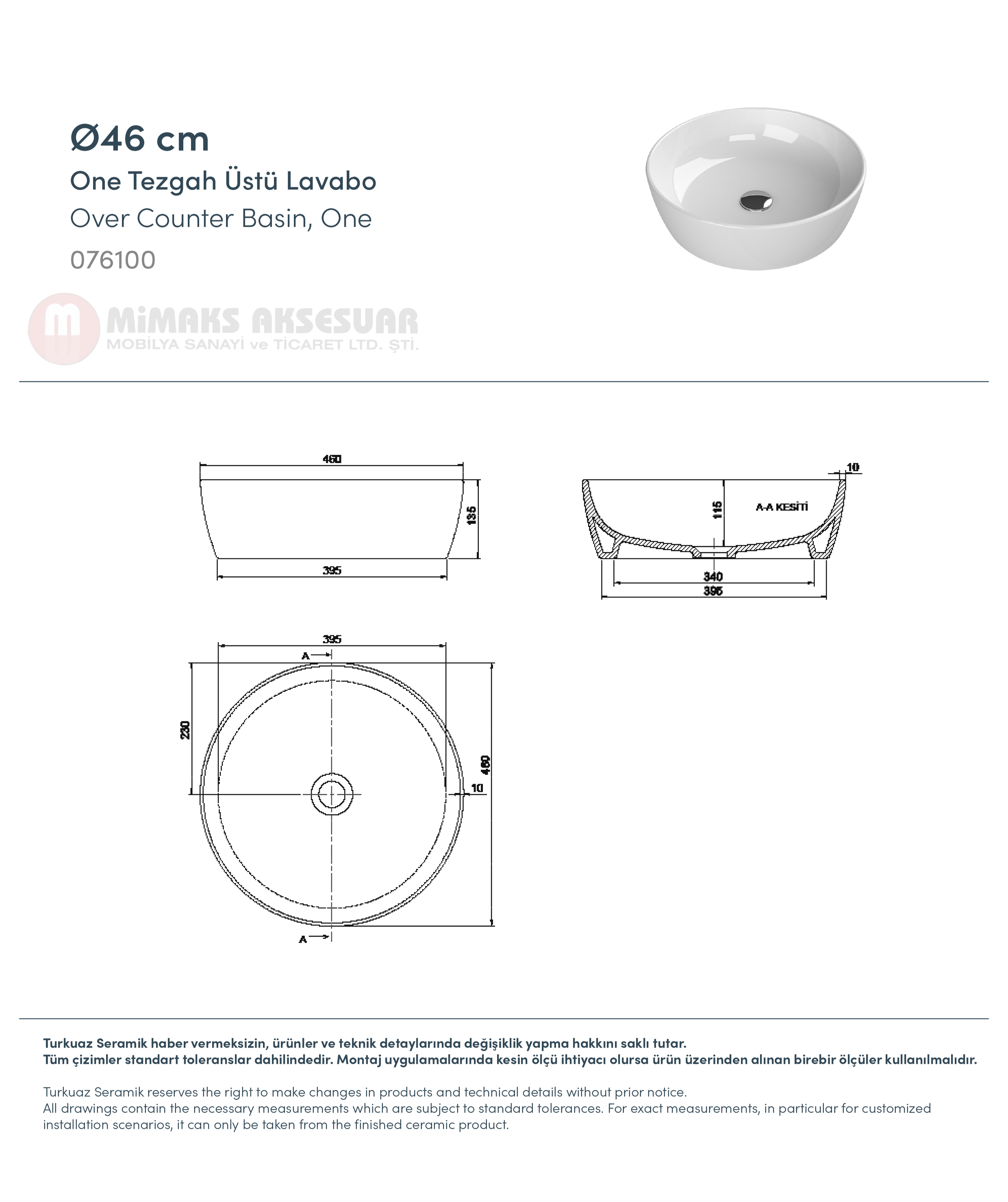 Cerastyle Turkuaz OneTezgah Üstü Lavabo (musluksuz) Çap 46cm