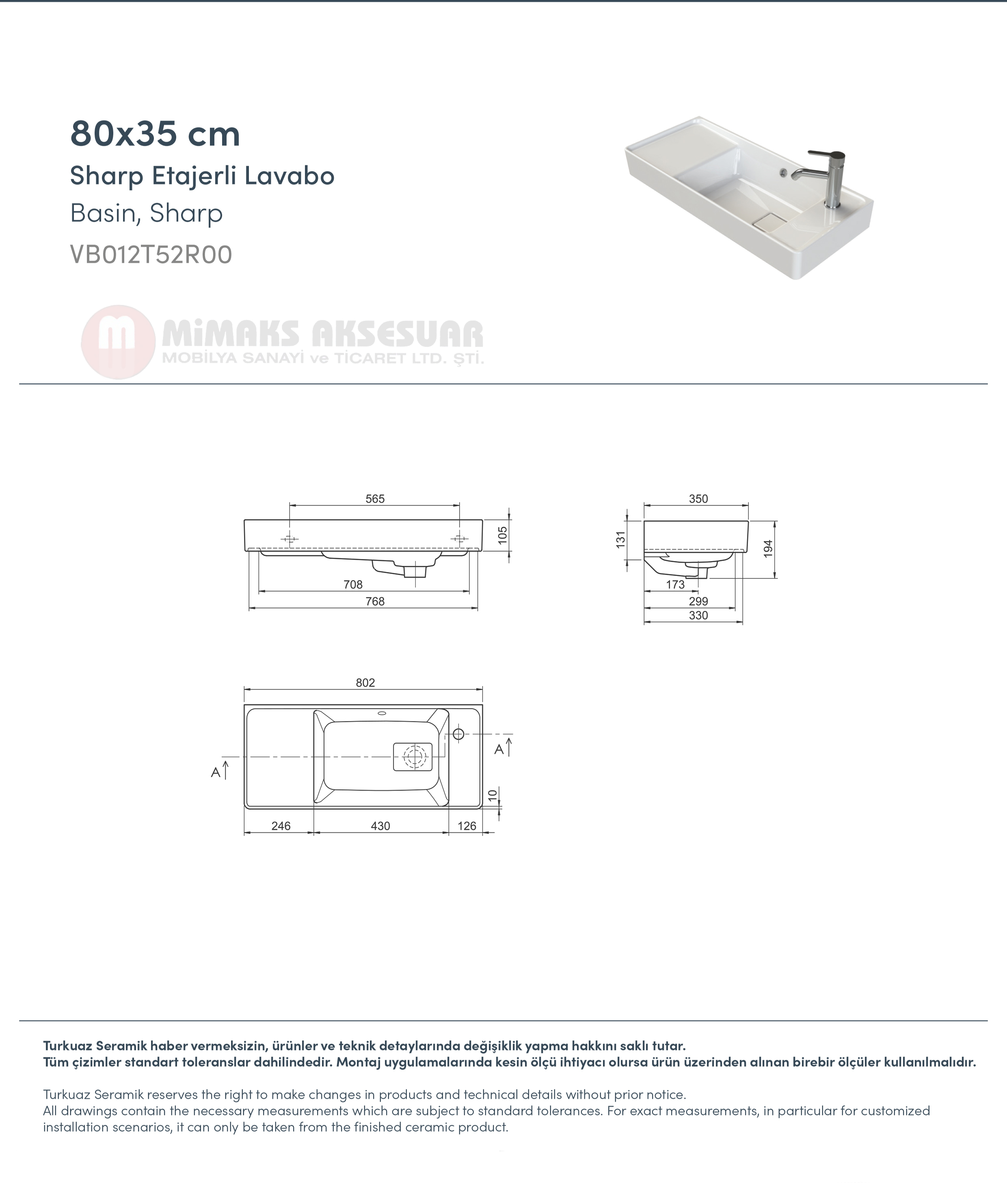 Cerastyle Turkuaz Sharp Etajerli Lavabo 80x35