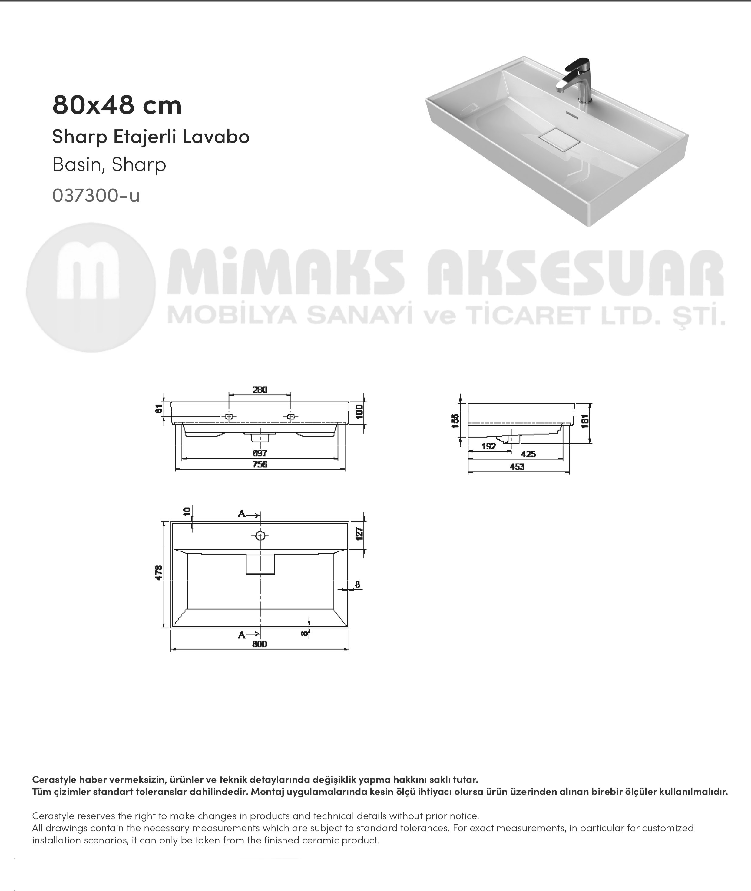 Cerastyle Turkuaz Sharp Etajerli Lavabo 80x48