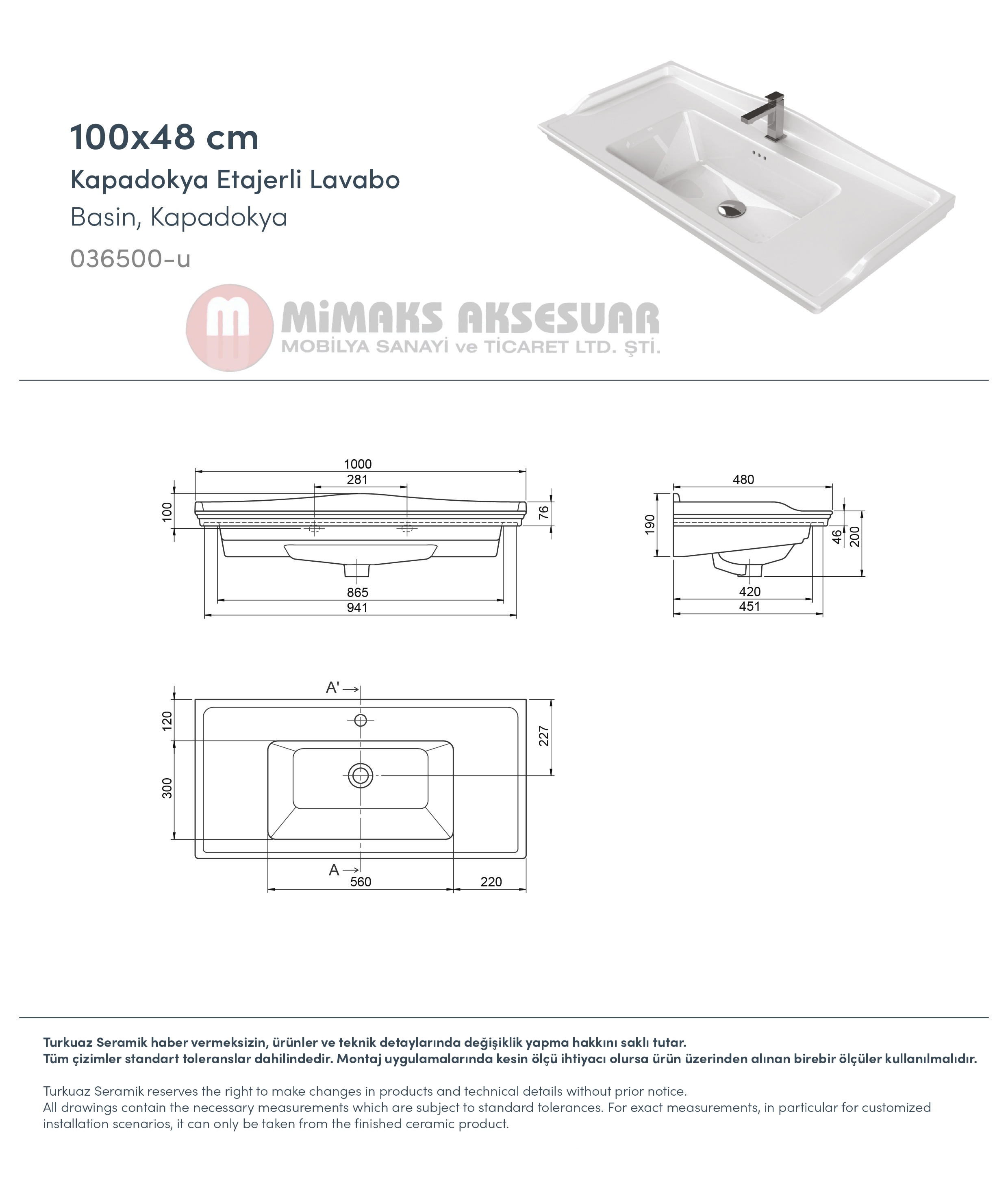 Cerastyle Turkuaz Kapadokya Etajerli Lavabo 100x48