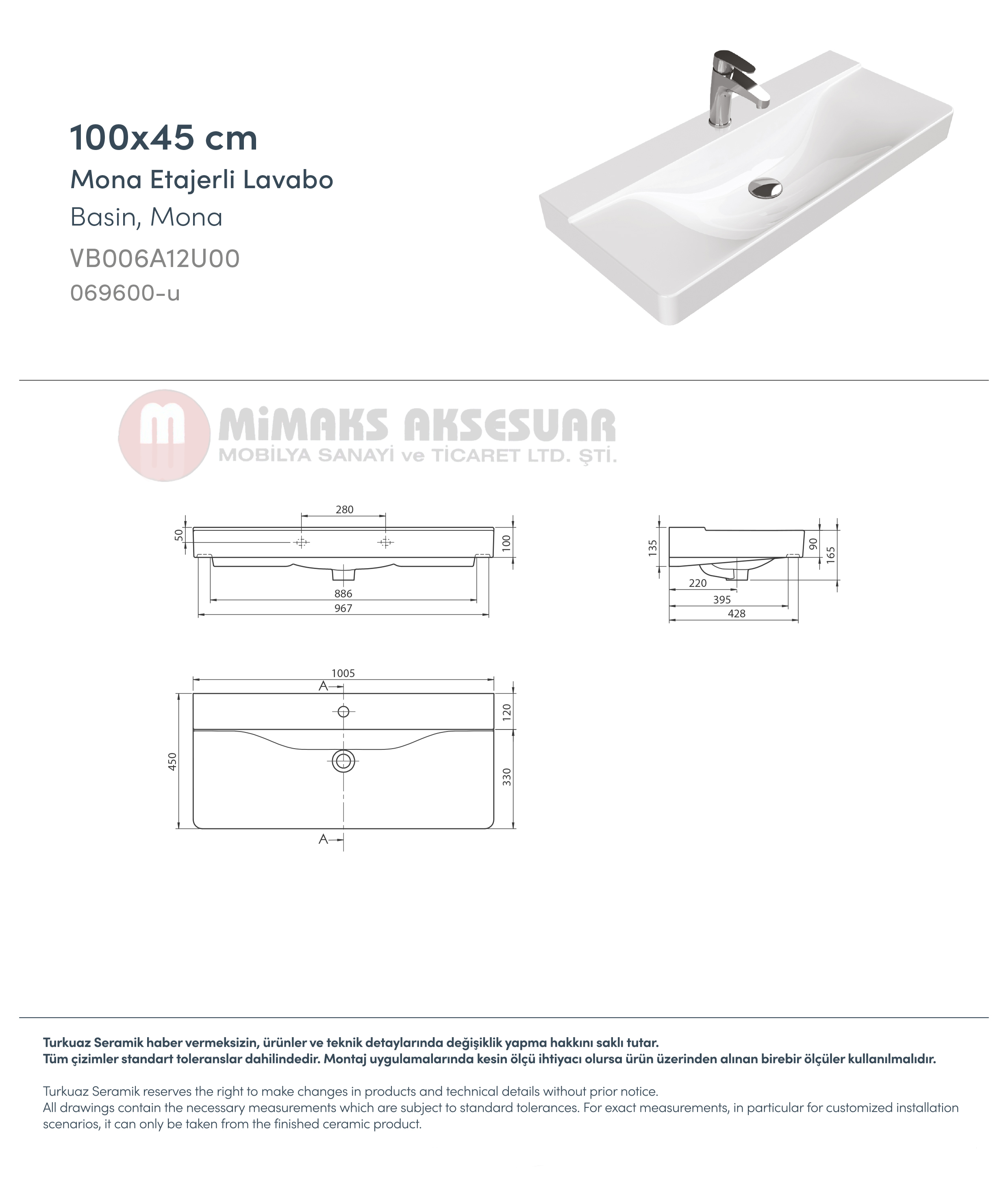 Cerastyle Turkuaz Mona Etajerli Lavabo 100x45