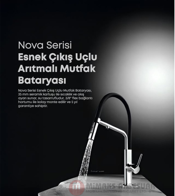 Cerastyle Turkuaz Nova Esnek Çıkış Uçlu Arıtmalı Mutfak Bataryası Siyah Hortumlu KM06105050000011