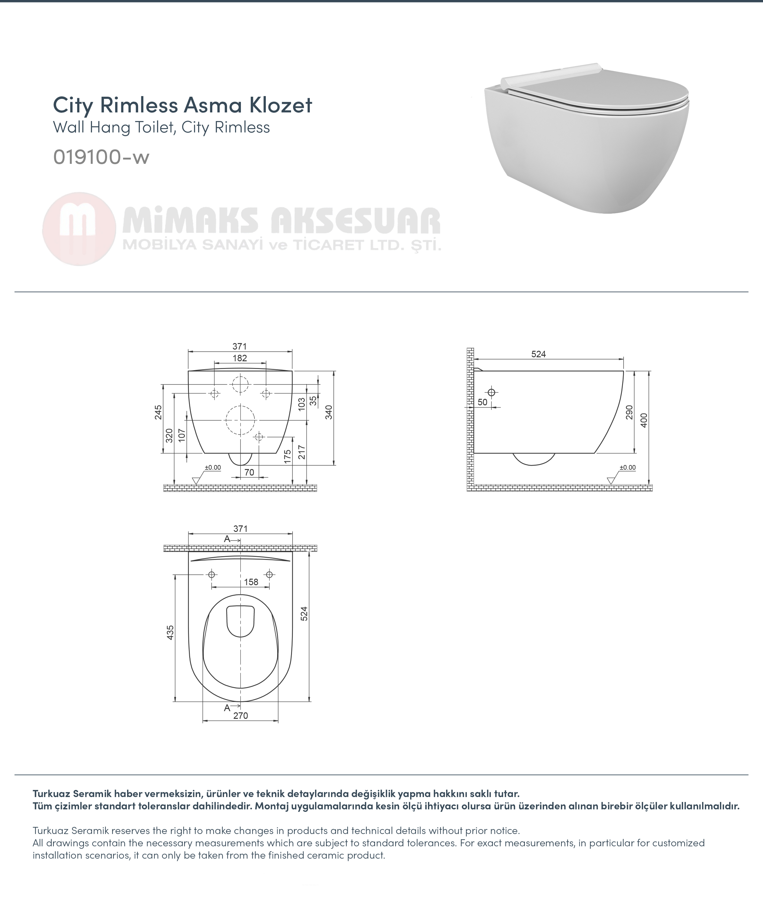 Cerastyle Turkuaz Seramic City Rimless Asma Klozet (PP) Kapak