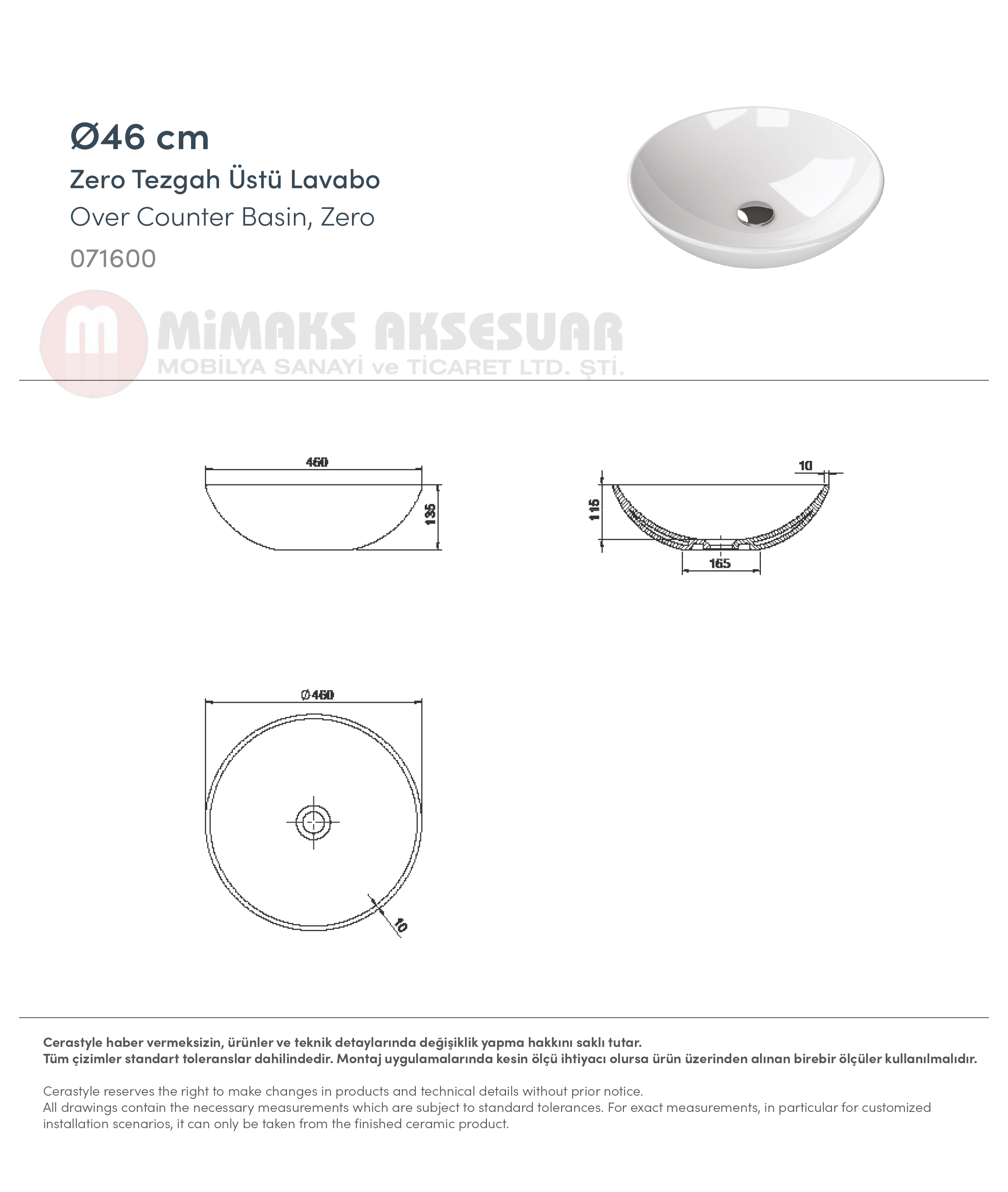 Cerastyle Turkuaz Zero Tezgah Üstü Lavabo (musluksuz) Çap 46cm