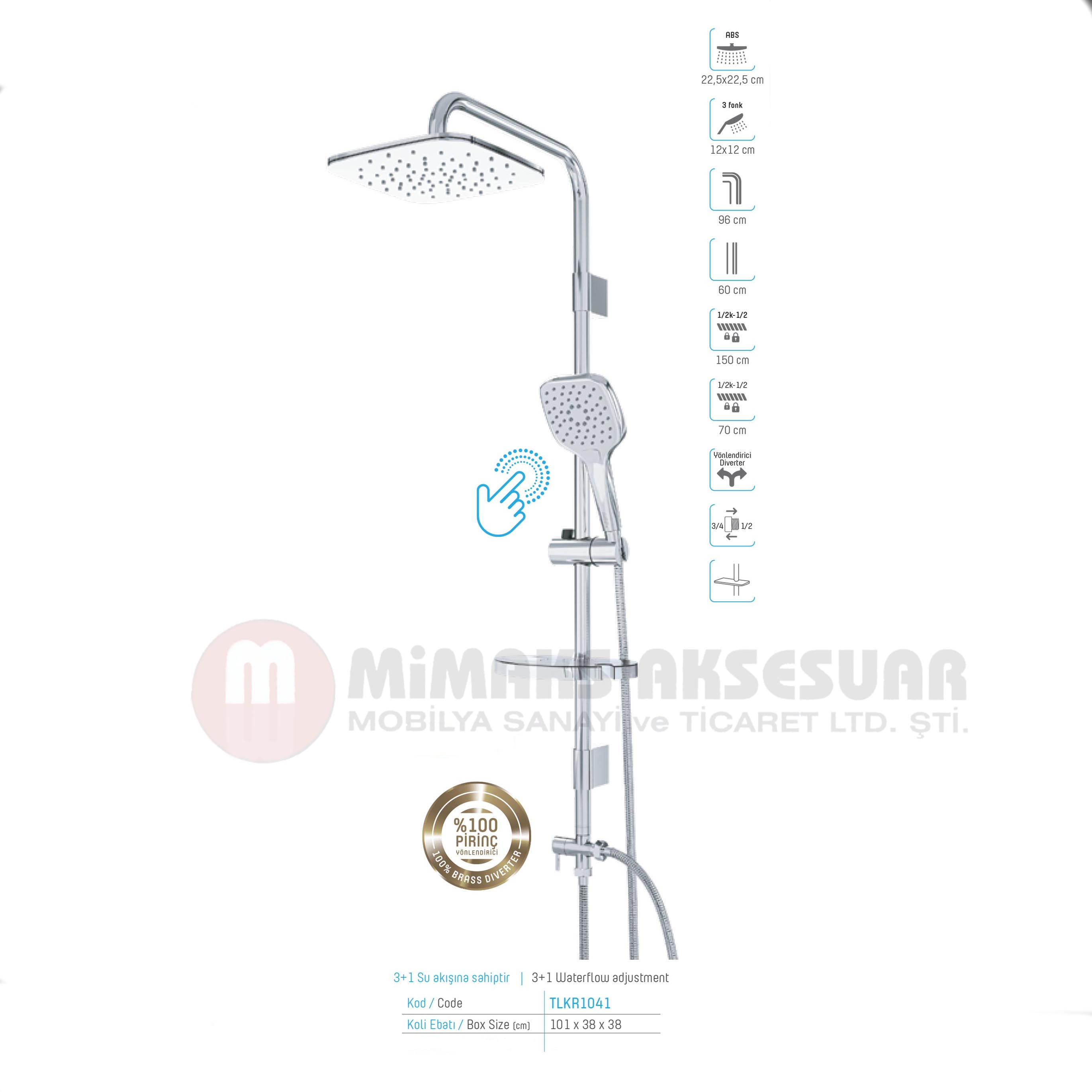 Diamond Fresh Tall Sürgülü Borulu Tepe Yağmurluk Duş Seti Krom Mafsallı TLKR1041