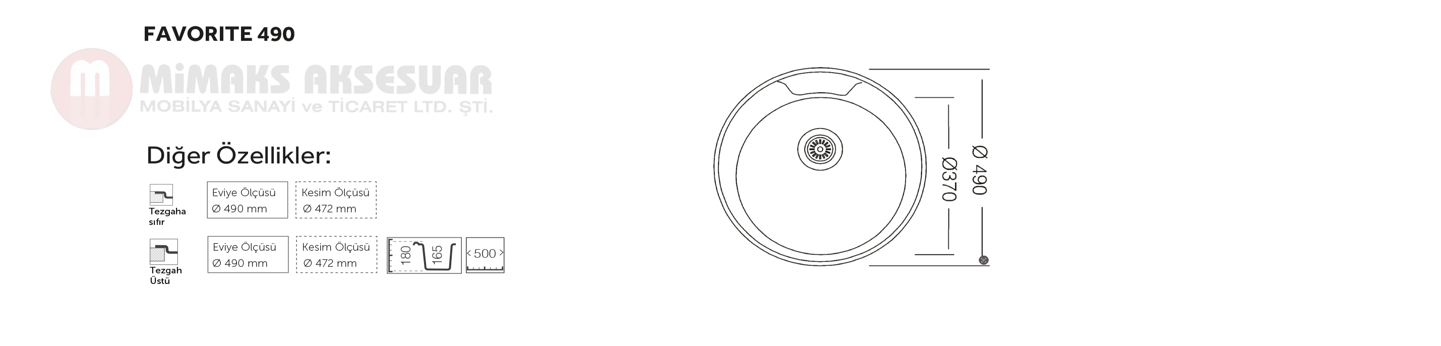 Favorite 490 Tek Gözlü Çelik Pres Eviye Tezgah Üstü