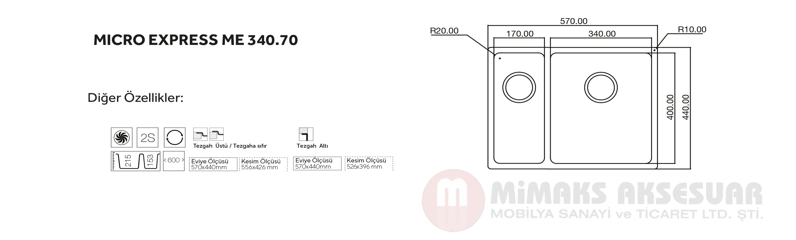 Micro Express ME 340.70 Bir Buçuk Gözlü Damlalıklı Çelik Pres Eviye Tezgah Üstü