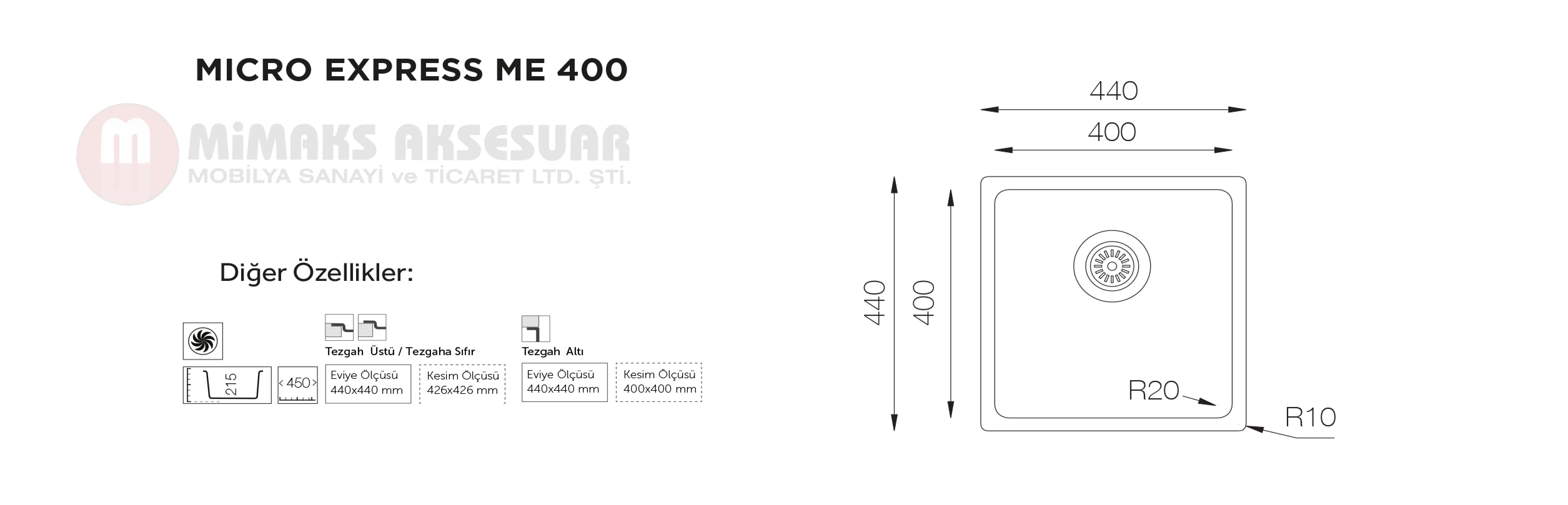 Micro Express ME 400 Tek Gözlü Çelik Pres Eviye Tezgah Altı