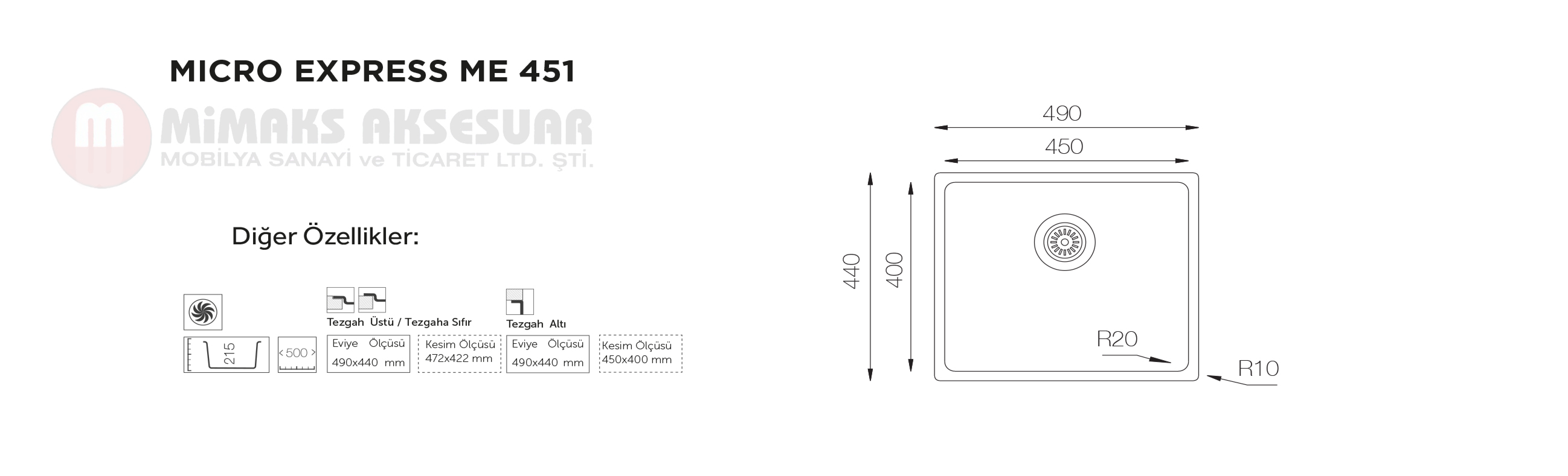 Micro Express ME 451 Tek Gözlü Çelik Pres Eviye Tezgah Altı