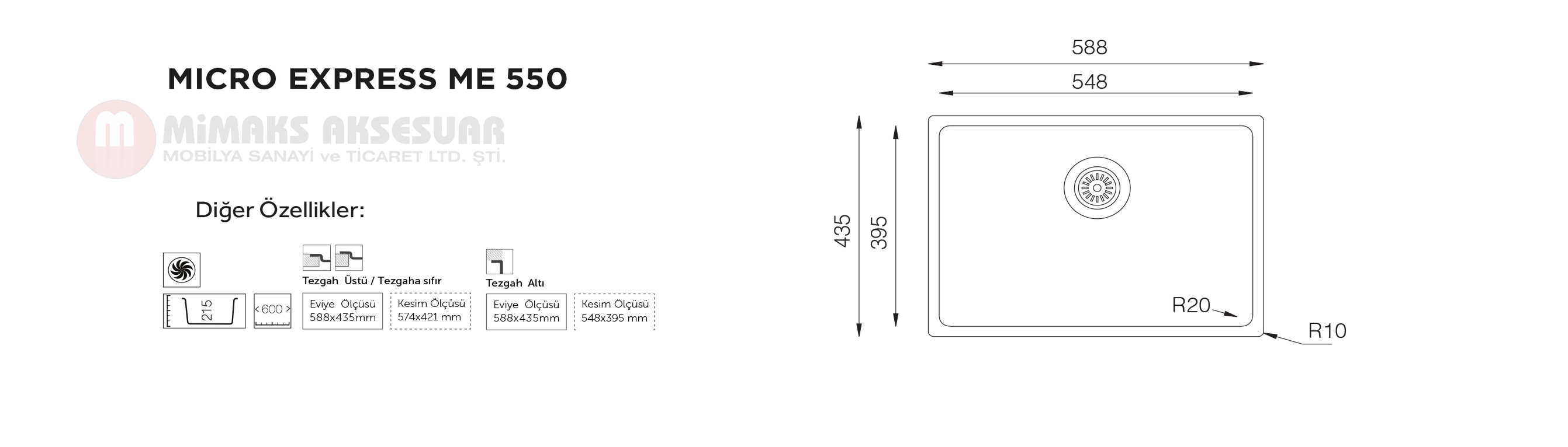 Micro Express ME 550 Tek Gözlü Çelik Pres Eviye Tezgah Altı
