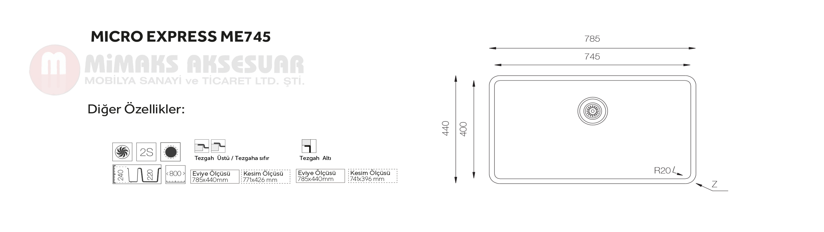 Micro Express ME 745 Tek Gözlü Çelik Pres Eviye Tezgah Altı