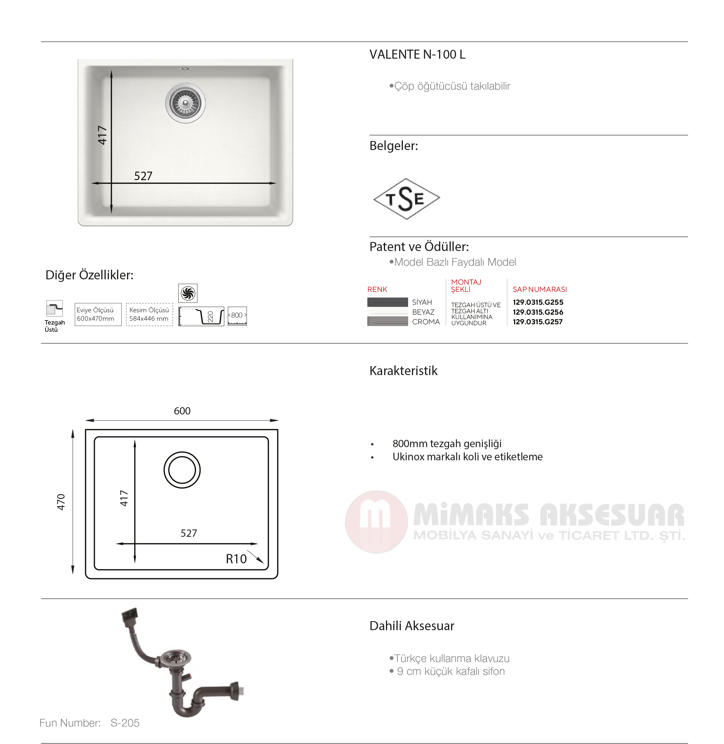 Valente N100 L Tek Gözlü Damlalıklı Beyaz Granit Eviye Tezgah Üstü