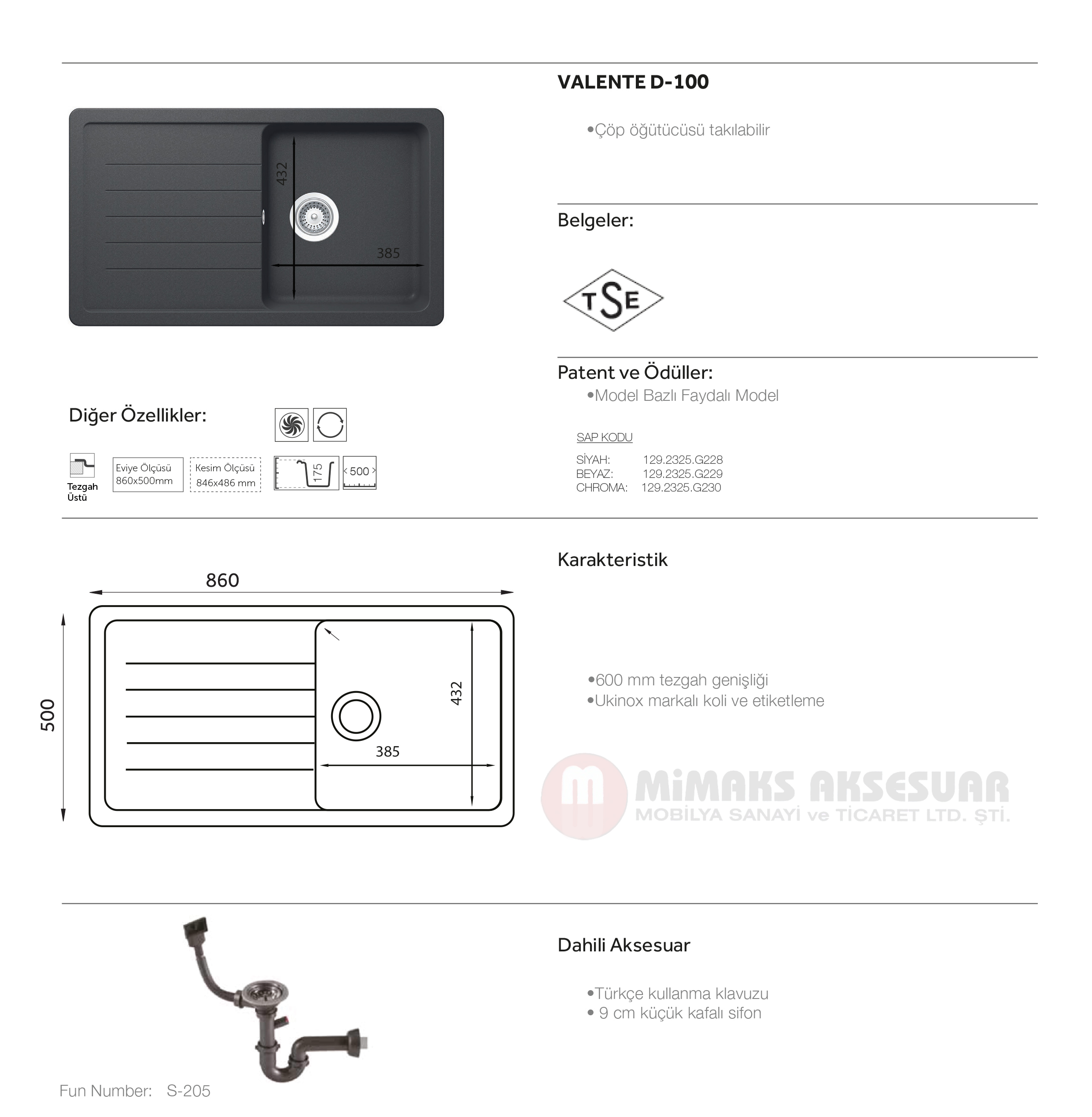 Valente D100 Tek Gözlü Damlalıklı Gri Granit Eviye Tezgah Üstü