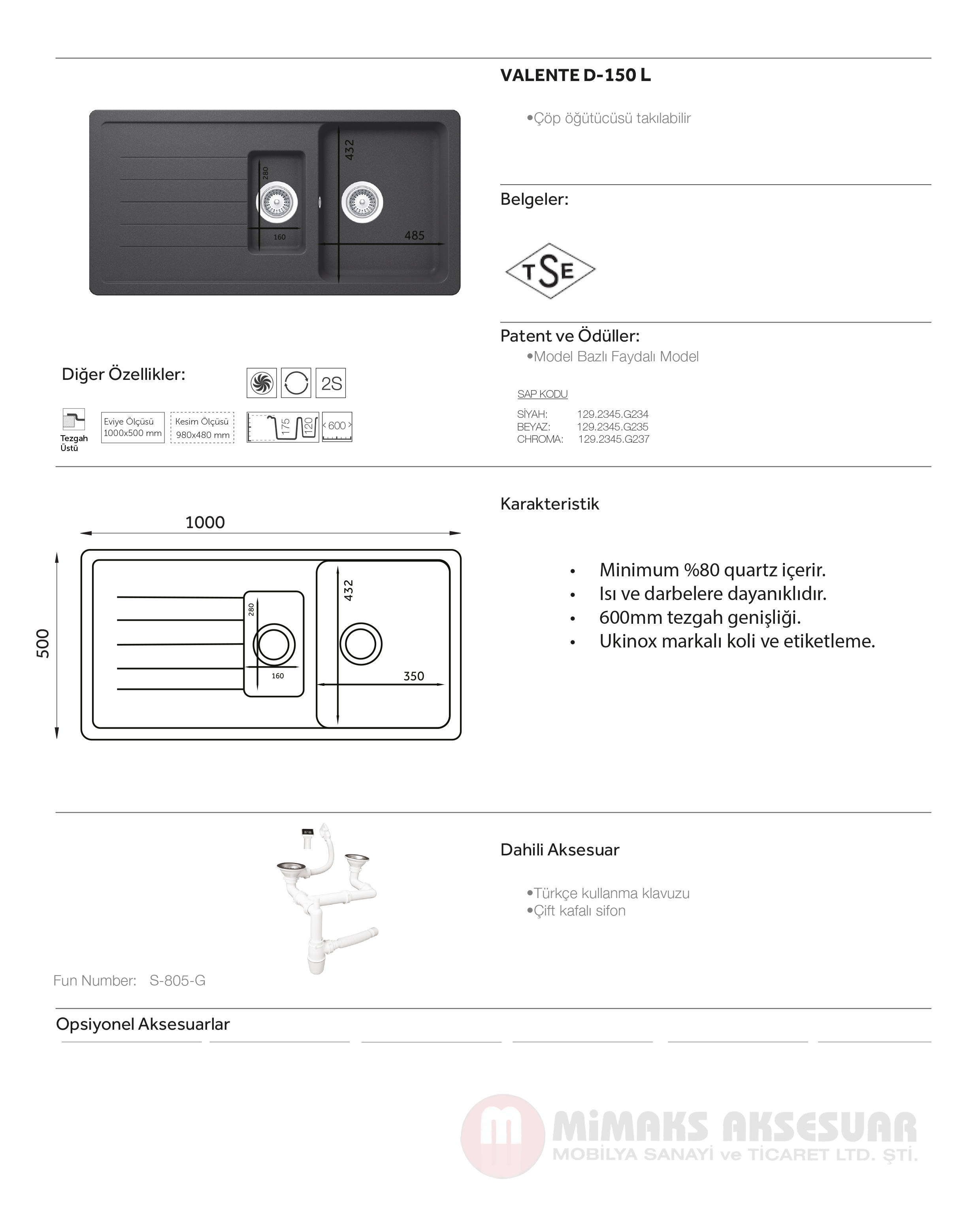 Valente D150 L Bir Buçuk Gözlü Damlalıklı Beyaz Granit Eviye Tezgah Üstü
